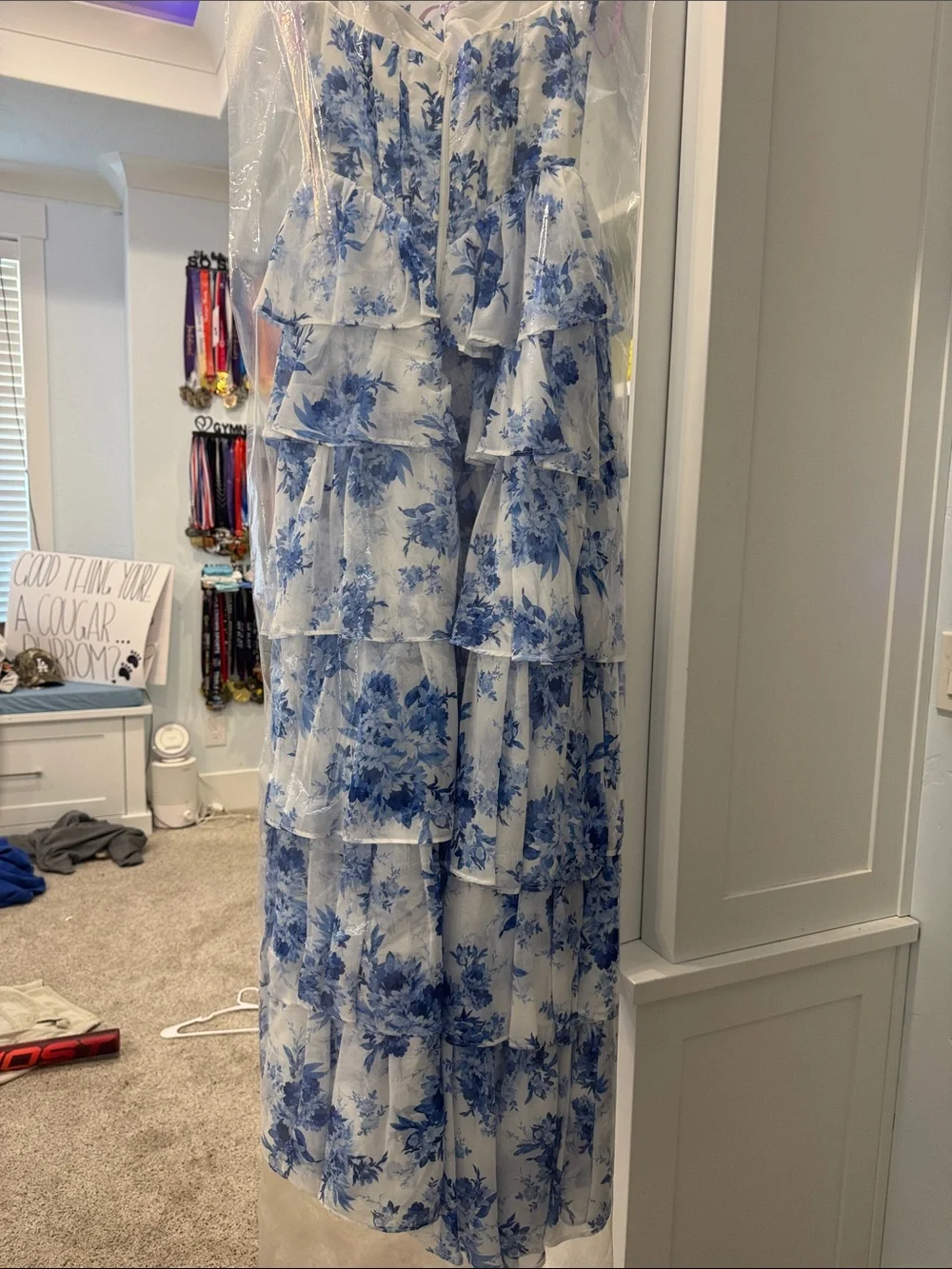 Windsor White and Blue Floral Tiered Prom Dress - Picture 2 of 3
